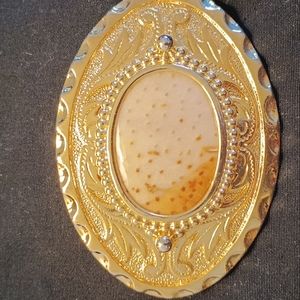 Gold tone ladies Western belt buckle with hand polished Jasper inlay